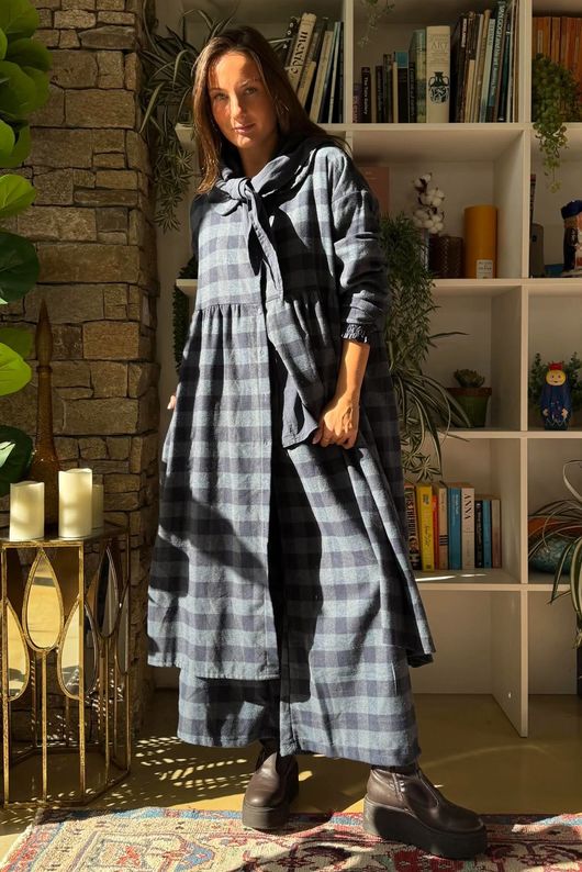 Nora Brushed Cotton Gingham Frock Coat Navy